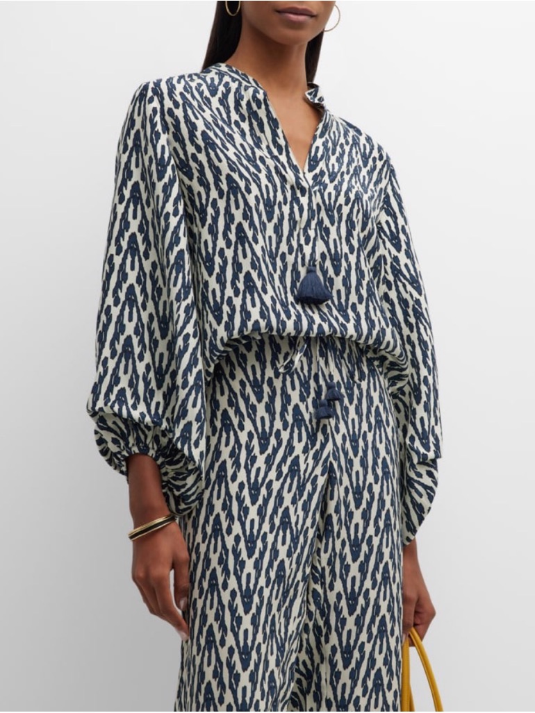 Figue Navy And Cream Printed Silk Blouse Large